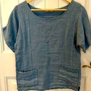 100% linen top. Beautiful shade of light blue. Size small